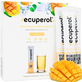 Recuperol Rehydration & Recovery Electrolytes Powder Supplement for Dehydration, 20 Sachets, Replace Mineral Salts & Fluids, Zinc, Vitamin C, B12, D3, Potassium, Natural Mango Flavour