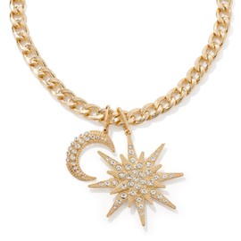 JTV Gold Plated Celestial Charm Necklace with Crystal Stars and Moons - Charm Necklace for Women - Moon Necklace for Women - Trendy Gold Necklace - Gold Charm Necklace for Summer - Pendant Necklace