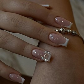 24pcs French Tip False Nails Medium Length Square Press on Nails White Edge Nude Pink Stick on Nail with 3D Aurora Bow Design Removable Glue on Acrylic Fake Nail Accessories for Women Girls