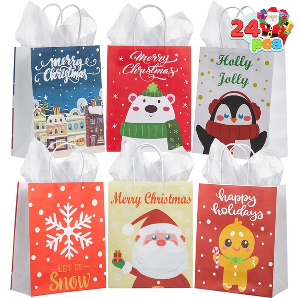 JOYIN 24 PCS Christmas Paper Gift Bags, Christmas Treat Bags with 6 Designs for Xmas Supplies Decor and Holiday Candy Party Favor