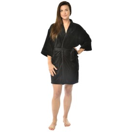 Leisureland Women's Plush Microfiber Fleece Kimono Short Robe Black