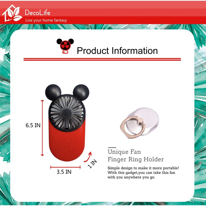DecoLife Cute Handheld Mini USB Fan, Rechargeable Portable Fan, 3