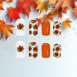 24Pcs Maple Leaf Press on Nails Thanksgiving Medium Square False Nails Fall Leaves Stick on Fingernails Glossy Orange Gradient Acrylic Fake Nail Autumn Gel Glue on Nail for Coquette Women Girls