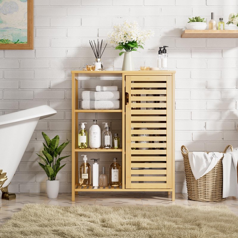 HITNET Bathroom Floor Cabinet, Bamboo Storage Cabinet with Door and