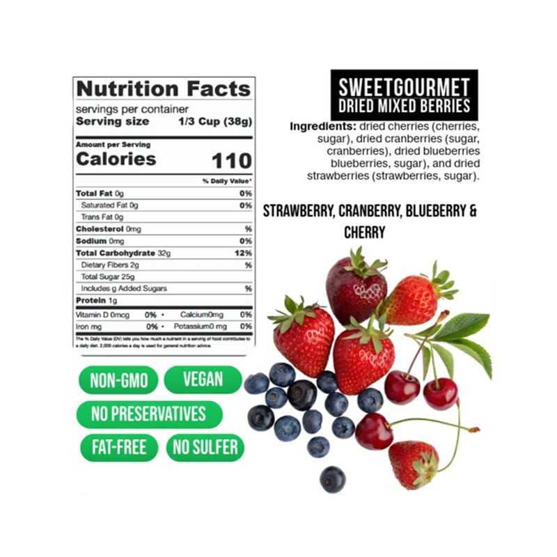 SweetGourmet Premium Dried Mixed Berries | Cherries, Cranberries, Blueberries, Strawberries