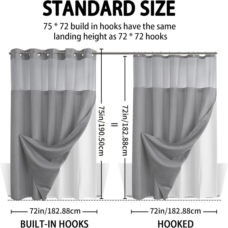 JYhoney No Hook Grey Waffle Weave Shower Curtain with Snap