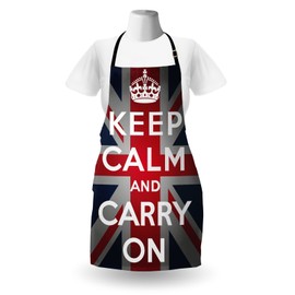 Ambesonne Union Jack Apron, Keep Calm and Cary on Words Crown United Kingdom Britain Flag, Unisex Kitchen Bib with Adjustable Neck for Cooking Gardening, Adult Size, Red Navy
