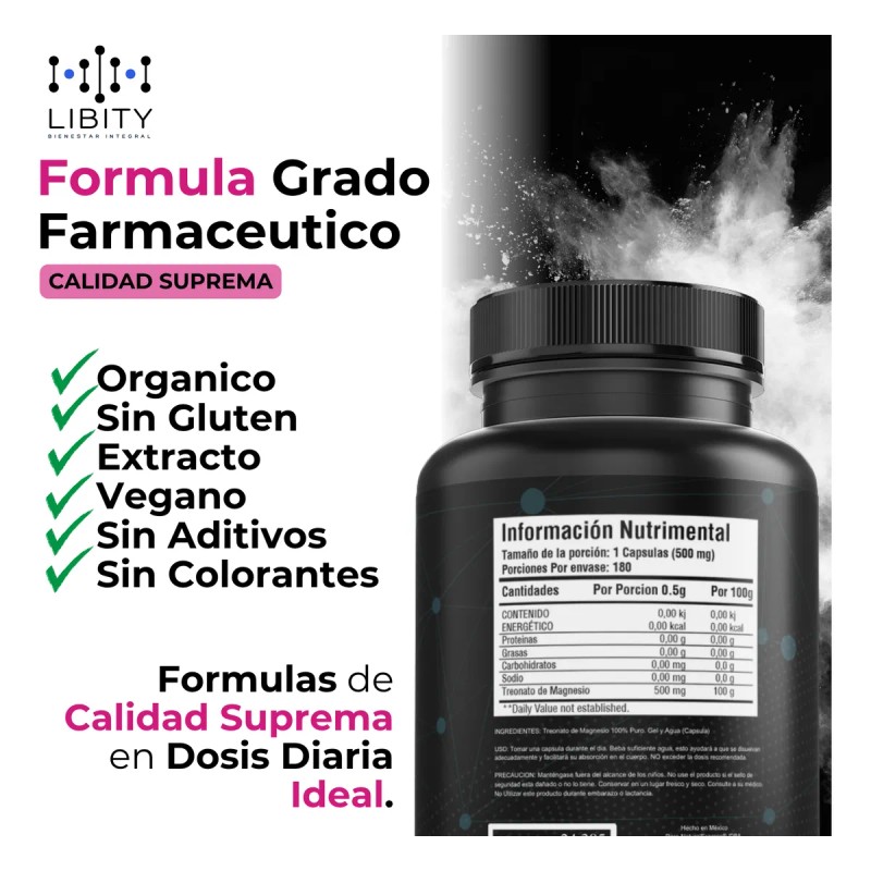 L- Treonato De Magnesio 100% Puro -180 Capsulas Sin Sabor