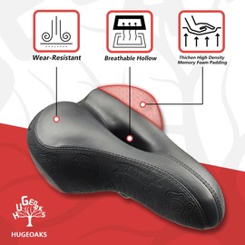 Hugeoaks Comfortable Bicycle Seat for Men and Women, Bike Seat with Dual Shock Absorbing Ball, Thick Memory Foam and Tail Light, Suitable for Mountain Bike, Road Bike and Stationary Exercise Bike