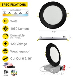 NUWATT 6 Pack, 6 Inch Ultra-Thin Black LED Recessed Lighting, 5CCT 2700K/3000K/3500K/4000K/5000K Selectable, High Brightness 1050 Lumens, Dimmable Canless Slim Wafer Light, IC Rated, Metal J-Box, ETL
