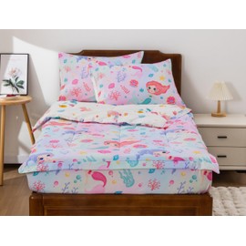 Meeting Story 3pcs Kids Comforter Sets Zipper Bedding Set for Girls,Twin Kid Bedding Set Mermaid Comforter Rainbow Bedding Set for Kid,All in one Zipper Bedding（Pink Yellow,Twin）