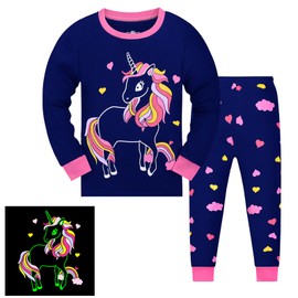 Codkkre Girls' Unicorn Children's Pyjamas Cotton Long Sleeve Winter Pyjamas Two Piece Size 3-13 Years, Glow in The Dark/Unicorn