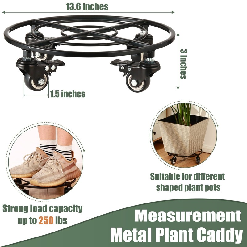KvyusFlourish 2 Packs Large Metal Plant Caddy with Wheels 13.6"