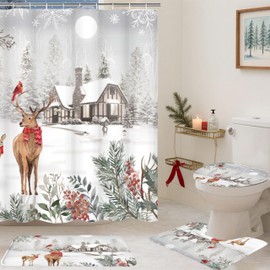 Baccessor 4 Pcs Merry Christmas 72x72 Inch Shower Curtain Set,Christmas Winter Shower Curtain with Hooks, Non-Slip Rug, Bath Mat and Toilet Lid Cover Sets Winter Xmas Holiday New Year Bathroom Decor