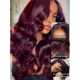 Nadula Bye Bye Knots Glueless Black Cherry Loose Body Wave Drawstring Wigs Human Hair with with Face Framing Bangs, Pre Cut 7X5 HD Lace Front Wigs Pre Plucked Ready to Wear Wig 180% Density 20inch