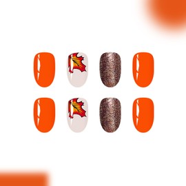 Fall Press on Nails Medium Fake Nails with Designs Maple Leaf Stick on Nail Oval Acrylic False Nail Thanksgiving Artificial Nail Glitter Full Cover Glue on Nails for Women 24Pcs