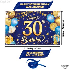 KatchOn, Blue and Gold 30th Happy Birthday Banner - XtraLarge, 72x44 Inch | Happy 30th Birthday Banner for 30th birthday decorations for Him | Happy Birthday Decorations