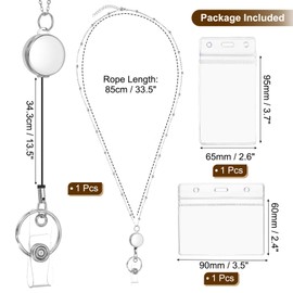 PATIKIL Badge Necklace Lanyard with ID Holder 304 Stainless Steel Retractable Round Badge Reel Lanyard Clip Chain for Women ID Card Key 1 Set ID Holder Silver Tone