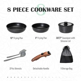 MAISON ARTS Induction Cookware Set - 8 Piece Nonstick Pots and Pans with Detachable Handle, Black Granite Cooking Set, Ideal for Camping and RVs