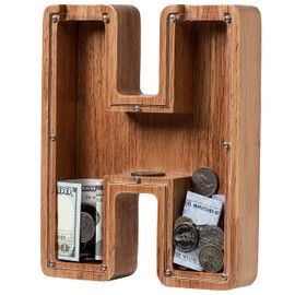 Piggy Bank for Kids Boys Girls, Wooden Large Letter Piggy Bank Alphabet Money Bank with Initial H, Coin Bank Fun Gifts for Birthday, Christmas, Festival, Baby Shower