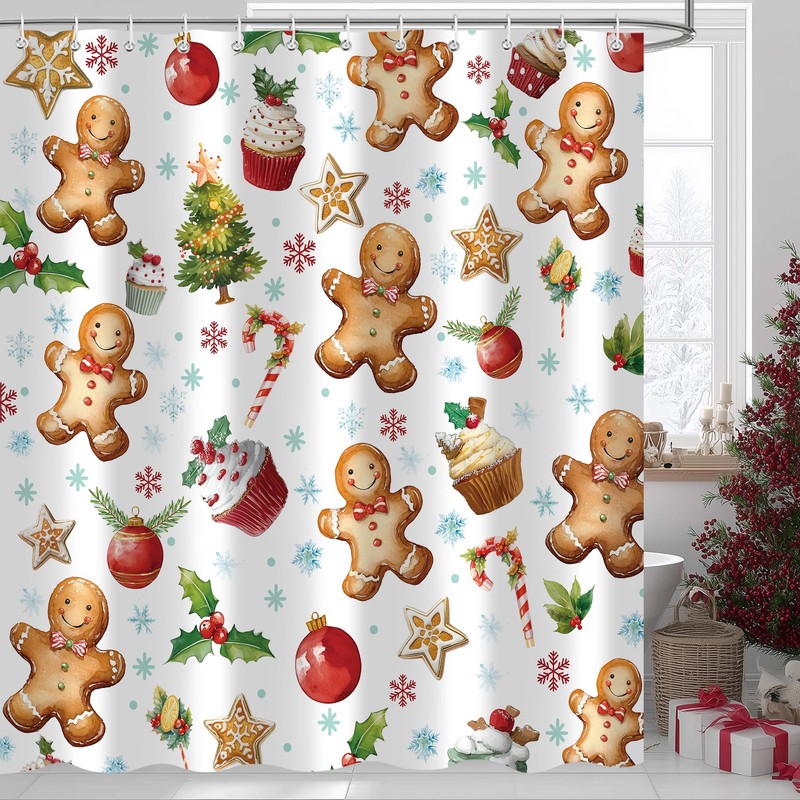 Merry Christmas Gingerbread Shower Curtain, Xmas Tree Cookies Candy Snowflake