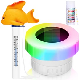 Tujoe 3 Pcs Pool Floater with 6 in 1 Test Strips & Pool Thermometer with String Easy to Read, Floating Dispenser with Colorful Solar Light Fits 1" and 3" Tablets for Indoor Outdoor Spa Hot Tub Pond