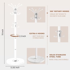Waavryee Modern Metal Coat Rack Stand, 360°Rotary Coat Rack Freestanding with Natural Marble Base, White Sturdy Coat Racks with 16 Hooks, Coat Racks Hall Tree Stand for Entryway (White)