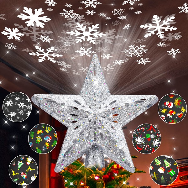 Winpull Christmas Tree Topper Lighted with 6 Pattern Projection Modes, Christmas Star Tree Topper Built-in LED Rotating Lights, 3D Glitter Projector for Christmas Decorations (Silver)