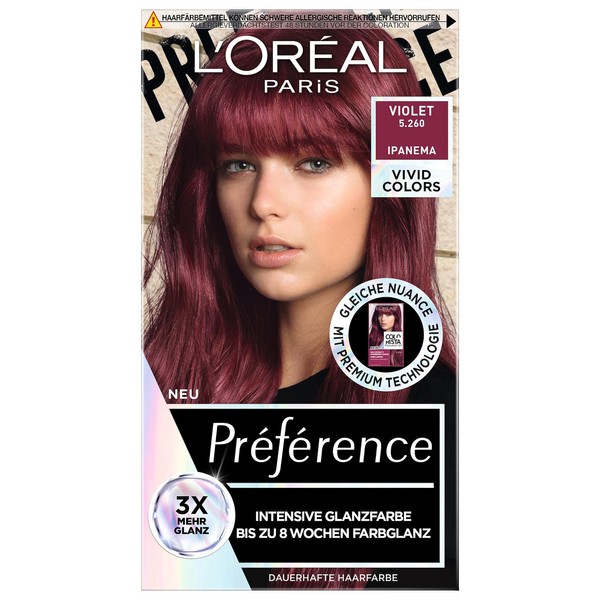 L'Oréal Paris Intensive dauerhafte Haarfarbe, Bis zu 8 Wochen glänzendes Haar und intensive Farbe, Préférence Vivid Colors, Farbe: 5.26 VIOLET, 1 Stück