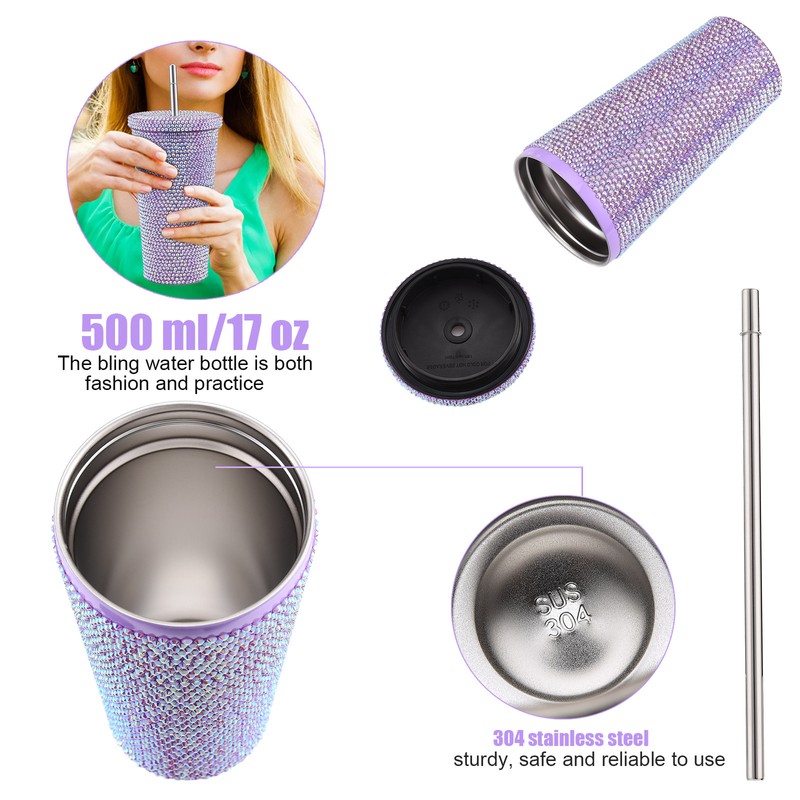500ml Water Bottle Stainless Steel Rhinestone Decoration Vacuum Water Cup