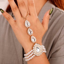 Xerling Pearl Finger Ring Bracelets Layered Hand Chain for Women Hand Harness Gold Boho Slave Bracelets Crystal Rhinestone Hand Jewelry Bracelets for Teen Girls