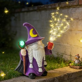 HUYIENO Gnome Solar Garden Statue 9.7" Outdoor Decor with LED Firefly String Lights, Waterproof Solar Powered Figurine for Patio, Yard, Lawn, Porch, Housewarming, Mom & Birthday Gift Ghome
