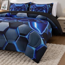 NTBED 3D Gaming Comforter Set for Boys Kids Teens,5pcs Gamer Bedding Sets with Sheet,Game Console Bed in a Bag (Blue, Twin)
