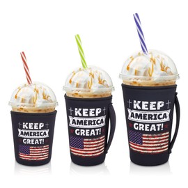 AJLTPA Iced Coffee Sleeve Insulator Sleeves for Cold Drinks Beverages, 3 Pack Reusable Neoprene Cup Sleeve with Handle for 16-32oz Coffee cups(Keep America Great)