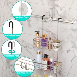 HapiRm Hanging Shower Caddy Organizer - No Drilling Shower Organizer with Hooks, Rustproof & Waterproof 304 Stainless Steel Bathroom Shelves - Brushed Nickel