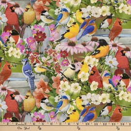 Songbirds & Flowers Digital Cotton Print Fabric by The Yard