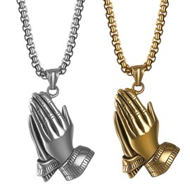 JewelryWe 2PCS Men's Stainless Steel Christian Praying Hands Pendant Hands of Apostle Necklace with 22 Inches Chain(Silver,Gold)