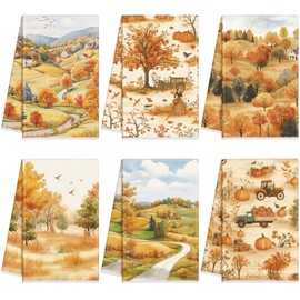 Preboun 6 Pcs Fall Kitchen Towels Pumpkin Dish Towel Autumn Hand Drying Tea Towel for Thanksgiving Cooking Baking Party Supplies (Tree,Yellow)