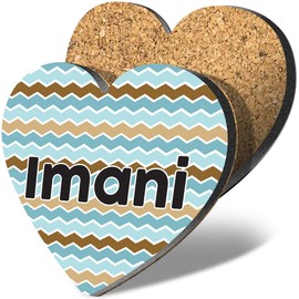 1 x Heart Coaster - Name Imani Blue Waves Geometry Zigzag Color Letter Lettering Initial Cork Backed MDF Glossy Tea Coffee Accessory #254650