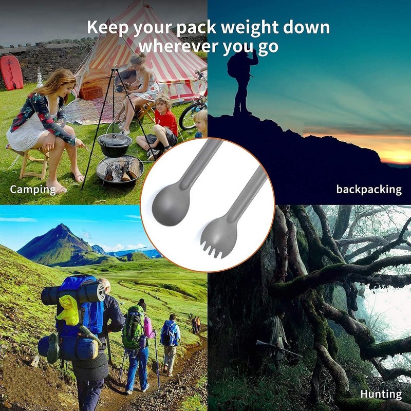 LSYJING Titanium Long Handle Spoon Fork Combination, Portable Camping Tableware