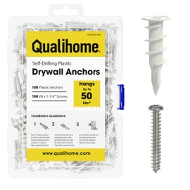 Qualihome Drywall Anchors with Screws – 200 Piece Set (100 Anchors + 100#8 x 1-1/4" Screws) | Self Drilling Drywall Anchors Heavy Duty | Wall Anchors for Drywall | Plastic Screw Anchor Kit