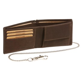 LEAS MCL Leas Chain Series Biker Wallet Extra Thin Chrome Chain Landscape Format Vintage Style Genuine Leather Brown