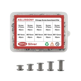 ASLLRISONY 180 Sets Chicago Screws Assorted Kit,5 Sizes of Round Flat Head Leather Rivets Metal Screw,Used for Leather Crafts, Clothing, Belts, Bags, and Custom-Made Items(Silver M5*4,6,8,10,12)