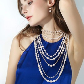 Flyonce 1920s Accessories for Women Multilayer Strand Chain Simulated Pearls Cluster Flapper Beads Long Bib Statement Choker Necklace Earrings Set 18.7"-21.4"