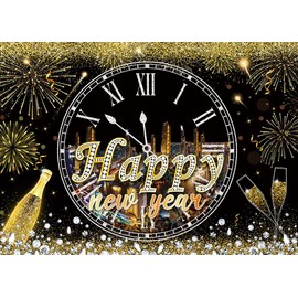 Black Gold Happy New Year Backdrop City Nightscape Countdown Clock Glitter Fireworks Champagne Photography Background New Year Eve Family Reunion Party Decoration 7x5FT