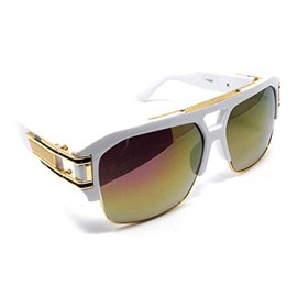 Dweebzilla Gazelle B-Boy Square Metal & Plastic Retro Aviator Sunglasses (White & Gold Frame, Gold Flash Mirror)