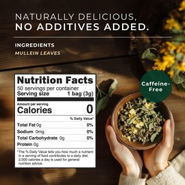 Gya Tea Co Mullein Leaf Herbal Tea Bags (50 Bags) - Decaf Wellness Mullein Tea for Digestive & Respiratory, Night Time's Calm & Relaxation - Fruit & Herbal Blends