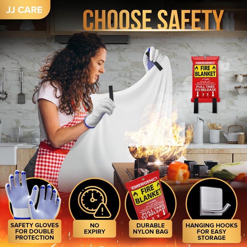 JJ CARE Fire Blanket – 10 Packs with Hooks –