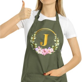 ROKO CLOTHING - Delantal de cocina personalizado con bolsillos, delantales de cocina personalizados para hornear y cocinar, cintura ajustable para el cuello, j, Forest Initial