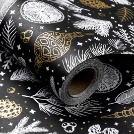 RUSPEPA Christmas Wrapping Paper Roll - Mini Roll - Black and Gold Pinecone and Leaf Black Pattern Great for Christmas, Holiday, Party and More - 17 Inches X 32.8 Feet